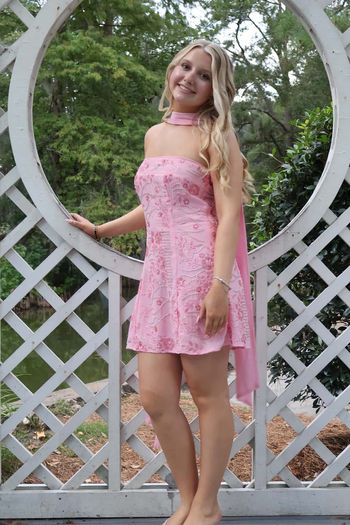 Strapless Pink Beaded Short Dress with Scarf