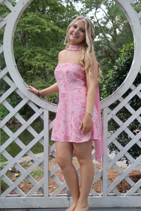 Strapless Pink Beaded Short Dress with Scarf