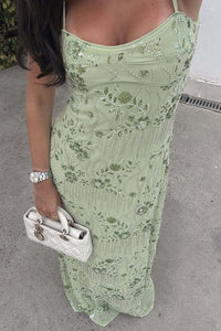 Straps Green Beaded Back Tie Dress