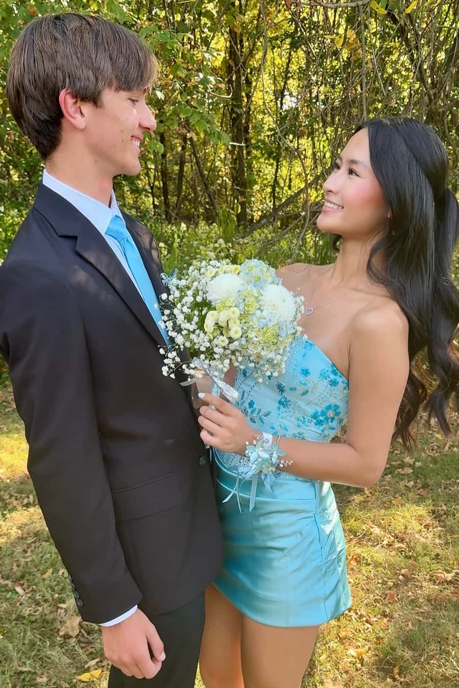 Blue Beaded Strapless Tight Dress