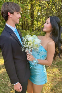Blue Beaded Strapless Tight Dress