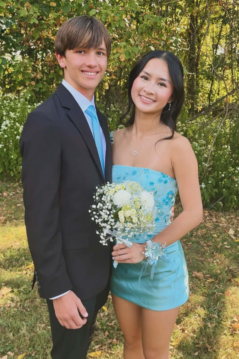 Blue Beaded Strapless Tight Dress