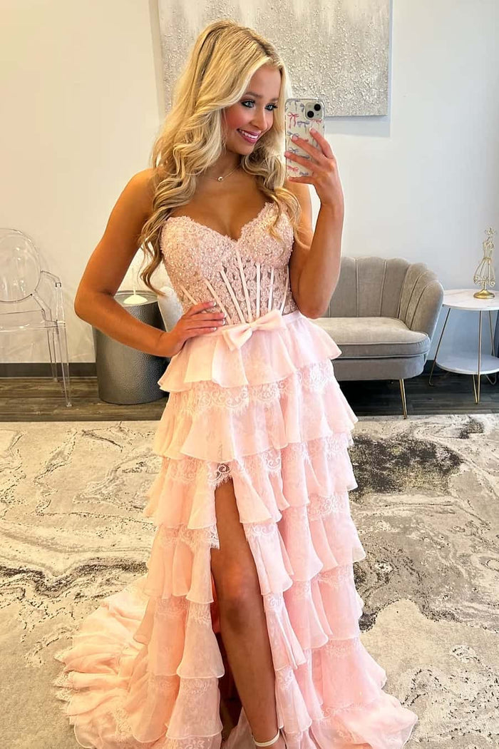 Pink Strapless Appliques Tiered Ruffle Long Formal Dress