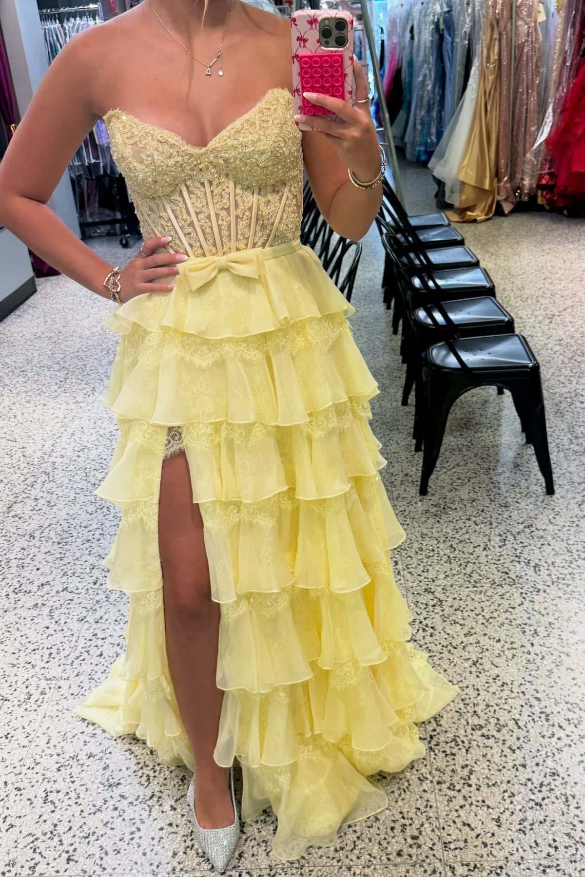 Pink Strapless Appliques Tiered Ruffle Long Formal Dress