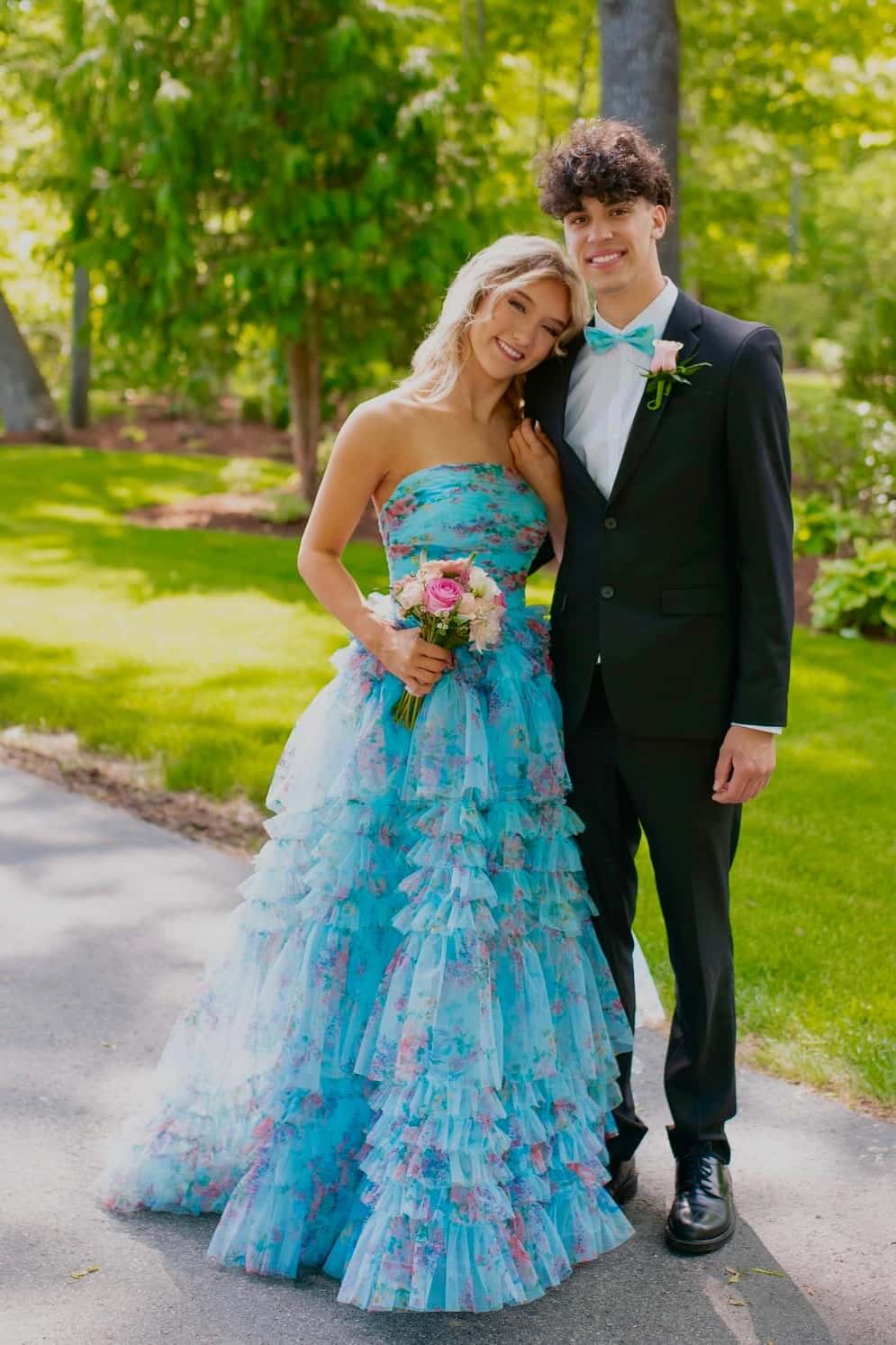 Blue Floral Strapless Tiered Formal Dress