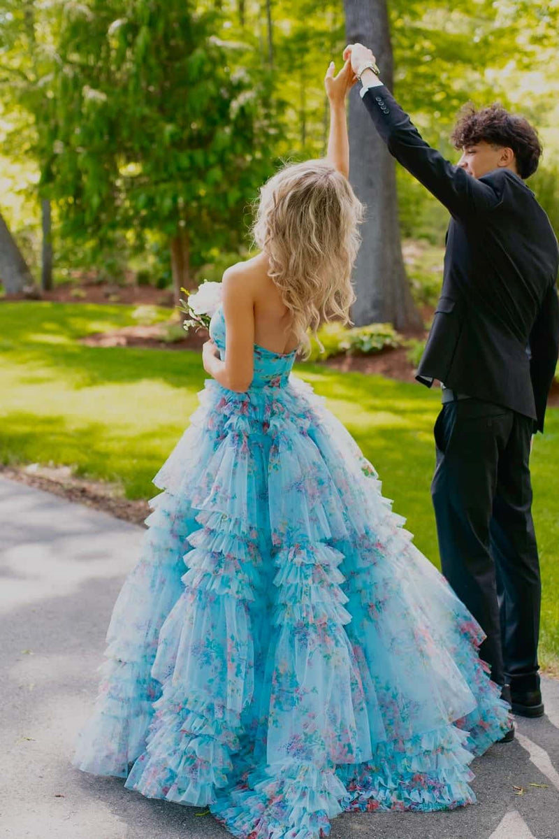 Blue Floral Strapless Tiered Formal Dress