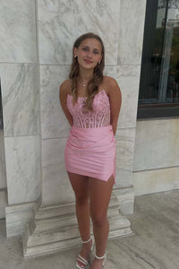 Pink Appliques Ruched Tight Short Dress