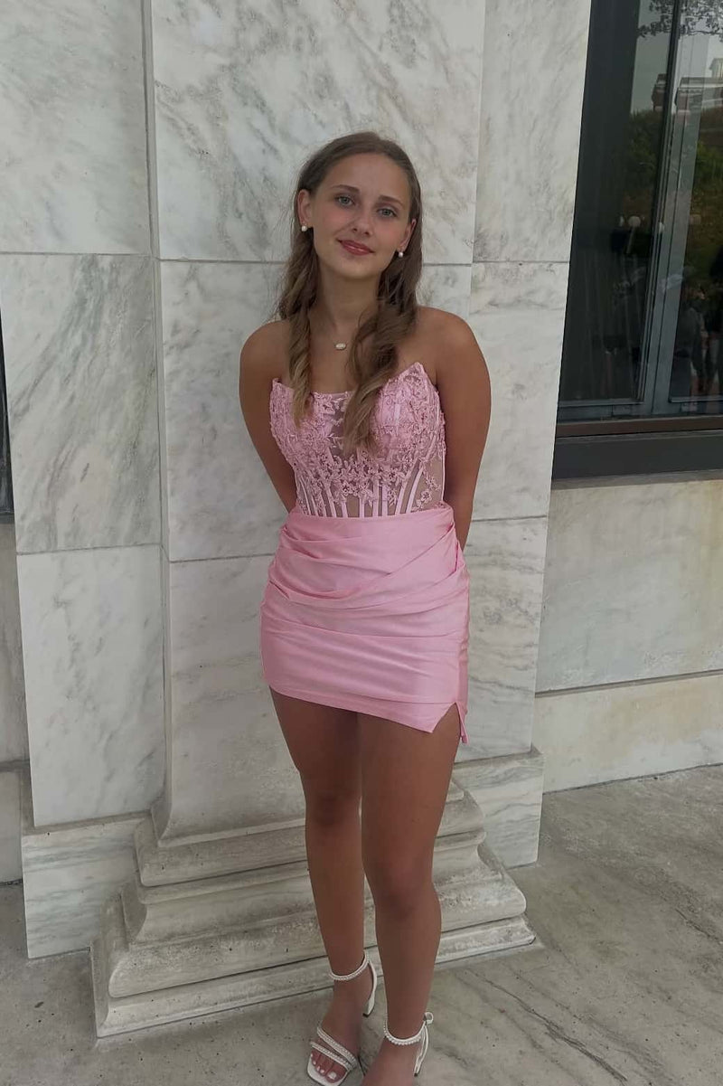 Pink Appliques Ruched Tight Short Dress