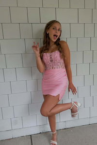 Pink Appliques Ruched Tight Short Dress