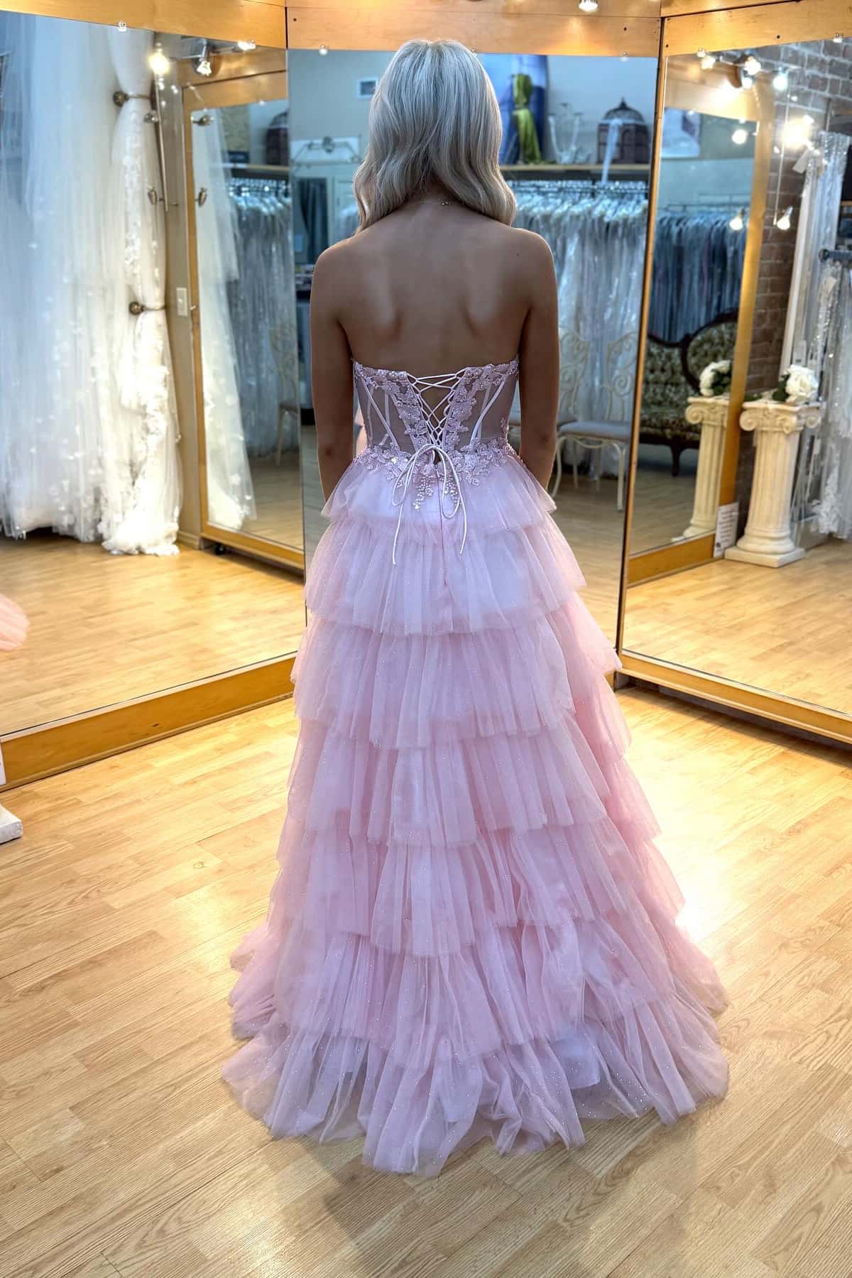 Pink Sheer Appliques Tiered Long Dress