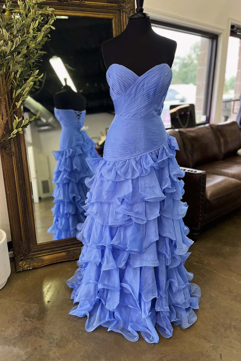 Periwinkle Ruched Fitted Ruffle Long Dress