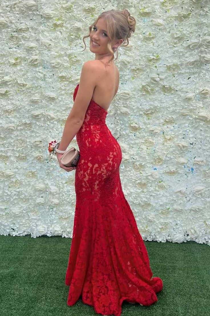 Strapless Red Lace Mermaid Formal Dress