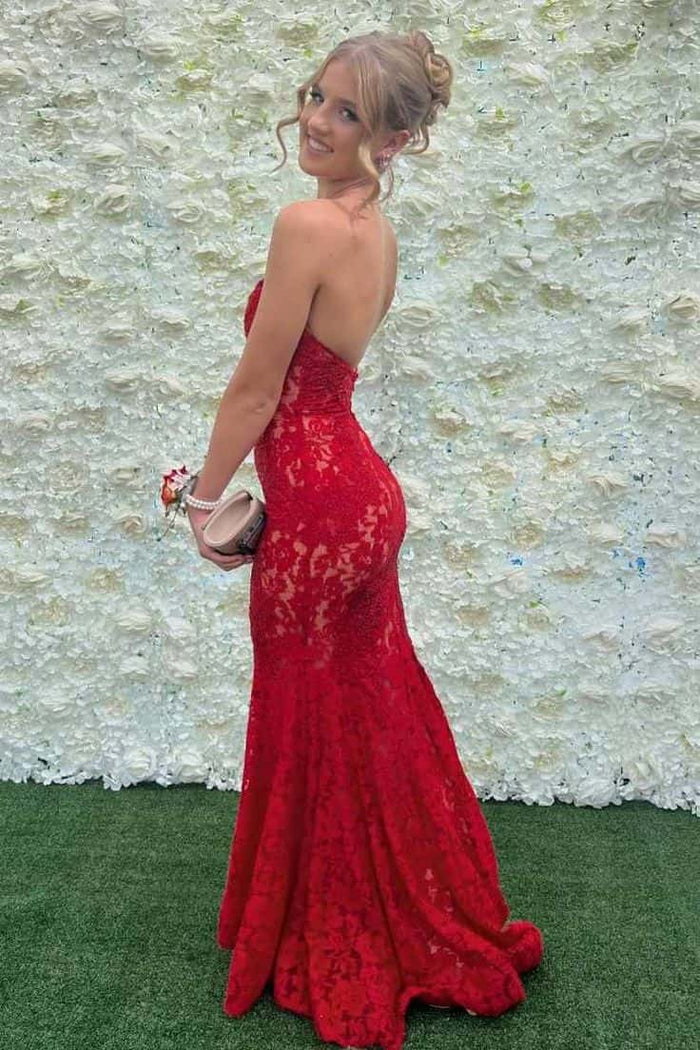 Strapless Red Lace Mermaid Formal Dress