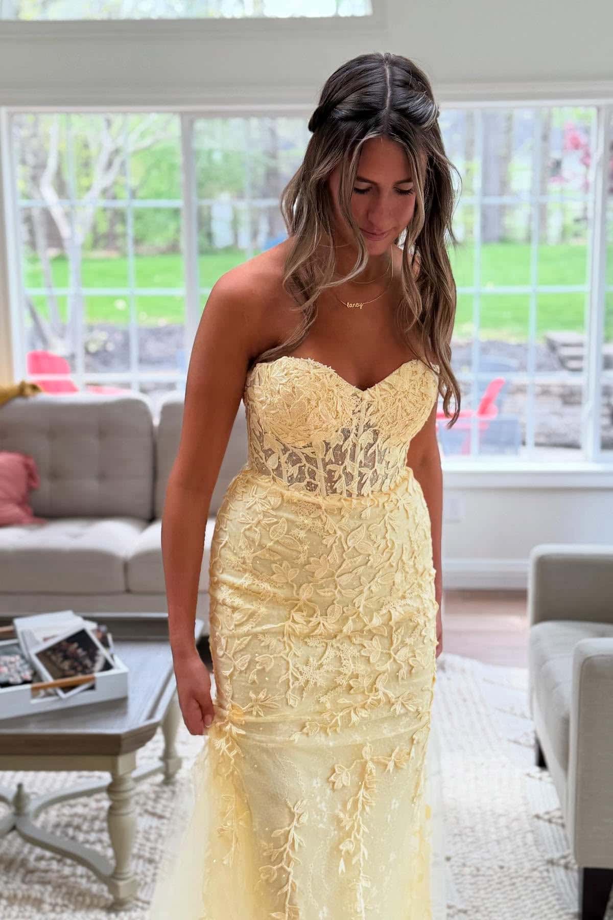 Strapless Yellow Lace Mermaid Prom Dress