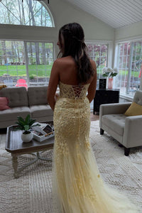 Strapless Yellow Lace Mermaid Prom Dress