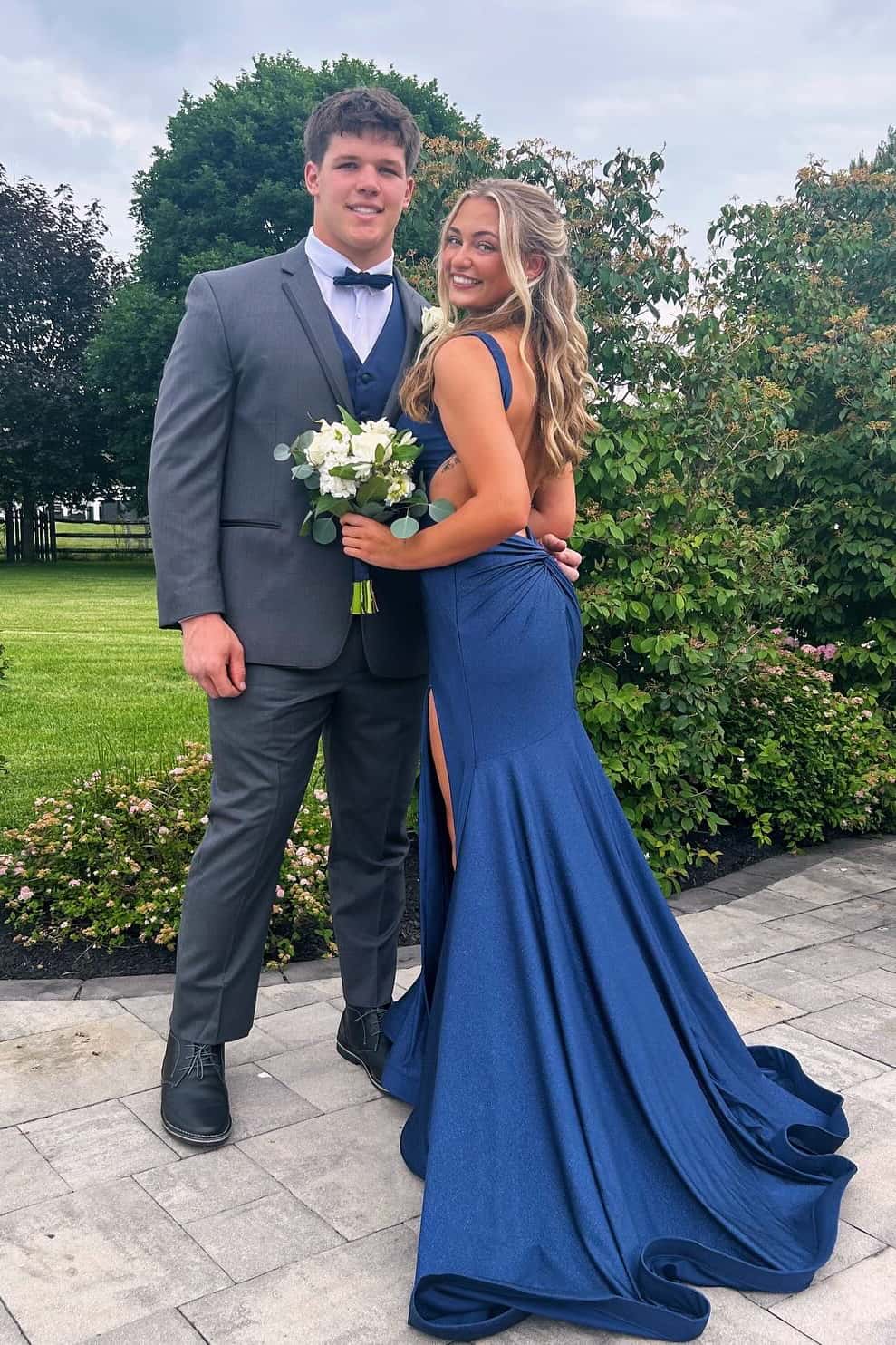 V Neck Navy Blue Twist Mermaid Formal Dress