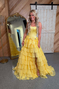 Yellow Bows Strapless Ruffle Long Dress