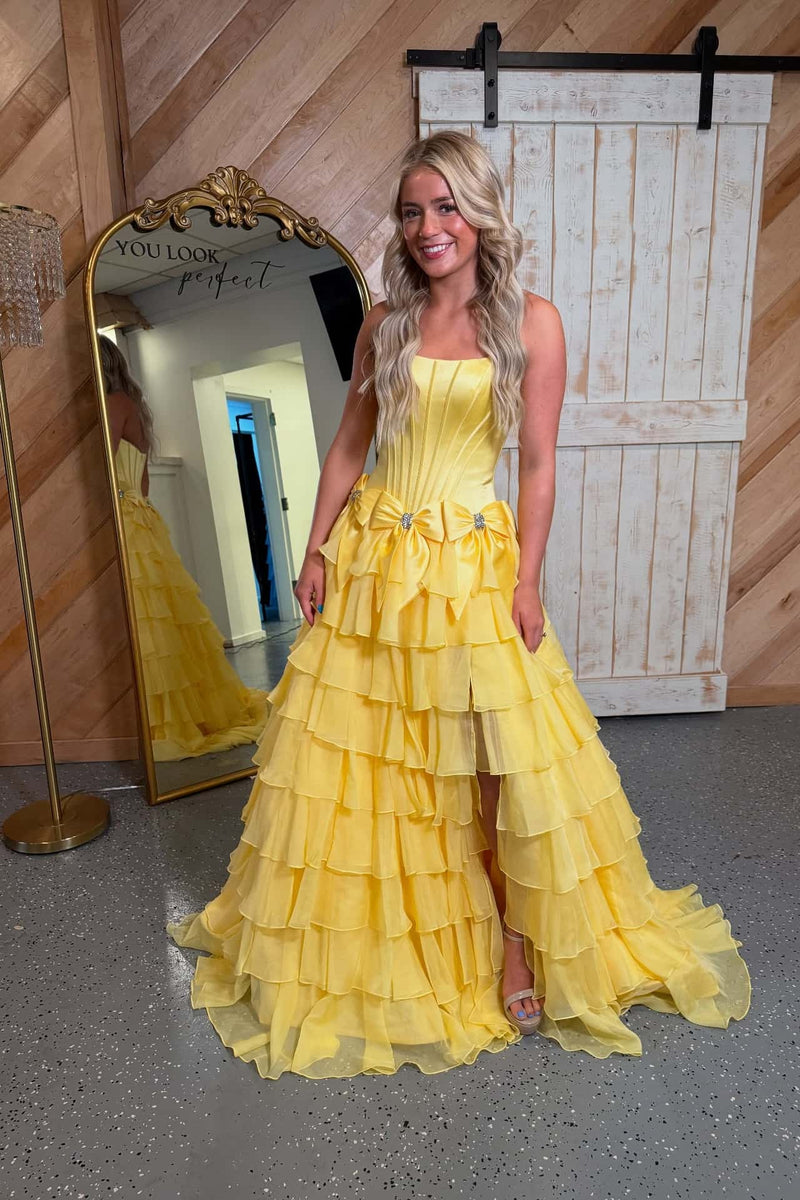 Yellow Bows Strapless Ruffle Long Dress