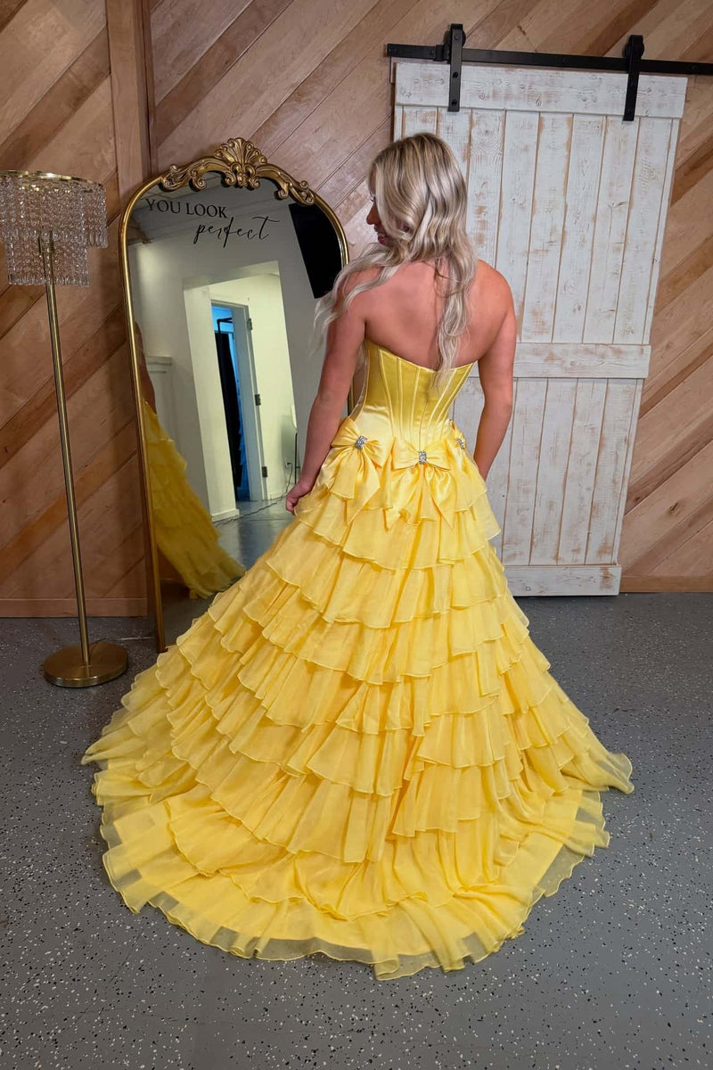Yellow Bows Strapless Ruffle Long Dress