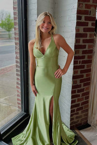 Sage Green V Neck Memaid Formal Dress