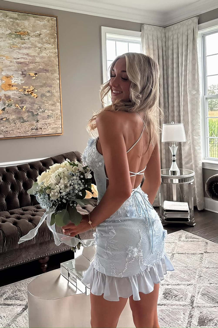 Sky Blue Lace Tight Ruffle Short Dress