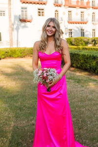 Hot Pink Cowl Neck Draped Long Dress