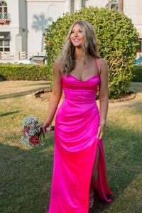 Hot Pink Cowl Neck Draped Long Dress