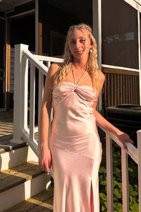 Pink Halter Soft Satin Maxi Dress