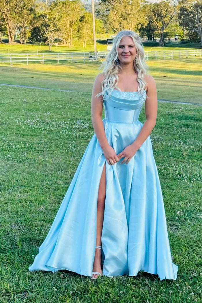 Beaded Cowl Neck Blue Satin A-line Dress