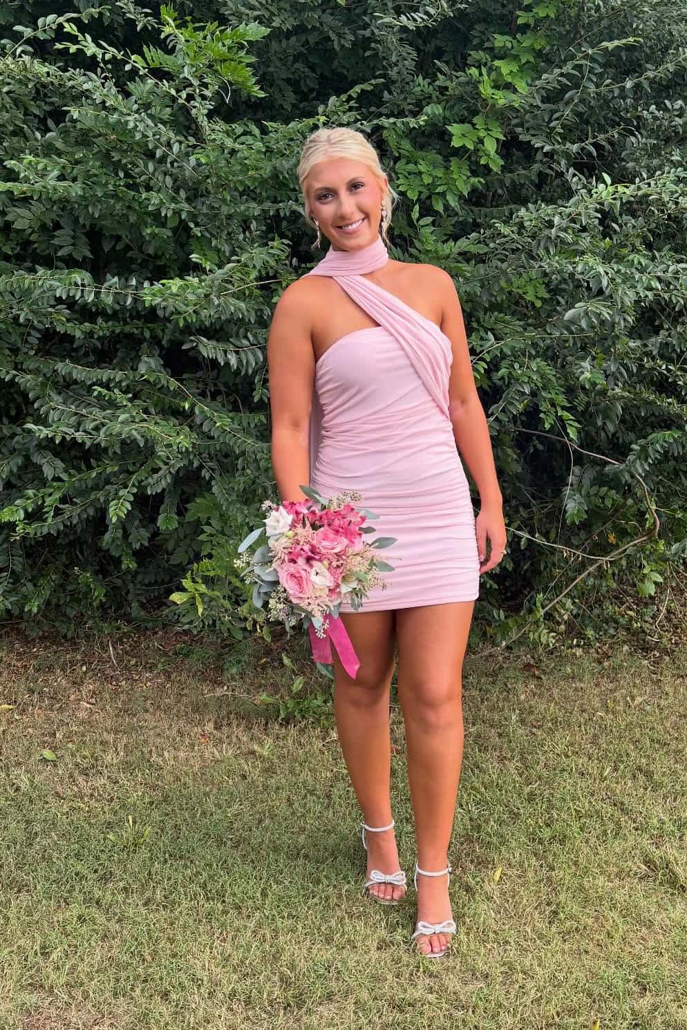 One Shoulder Pink Tight Short Dress