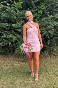 One Shoulder Pink Tight Short Dress