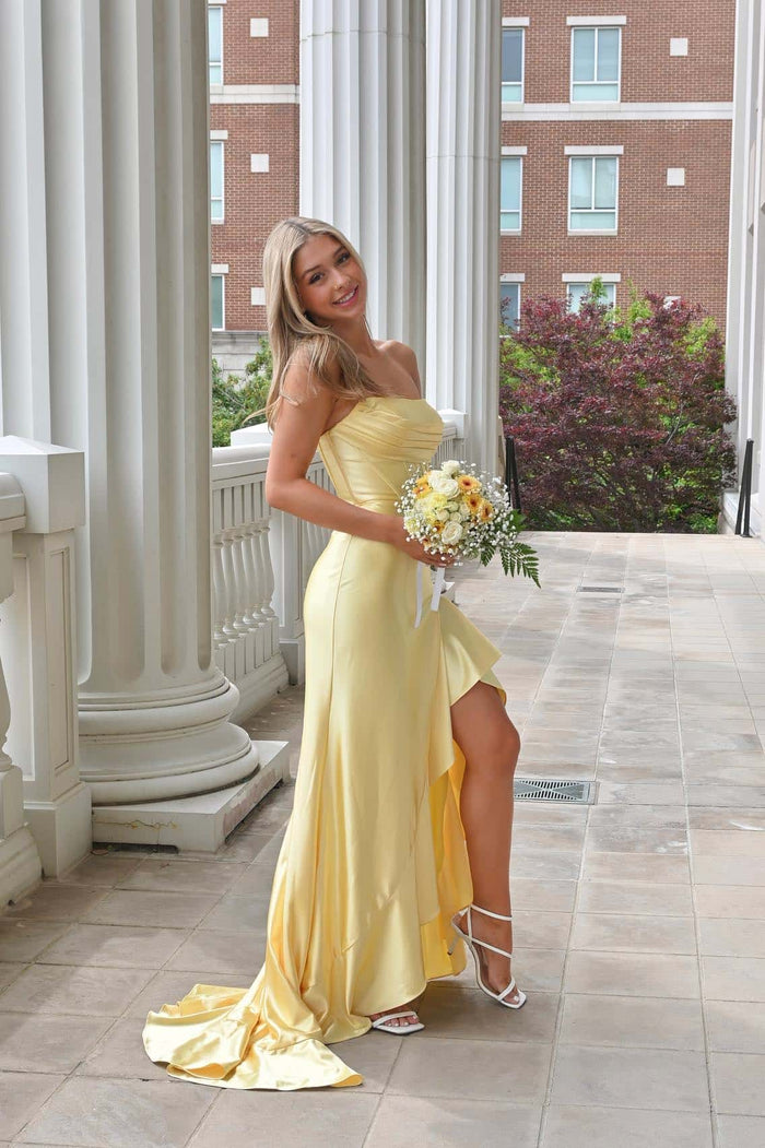 Yellow Cowl Neck Fitted Ruffle Dress