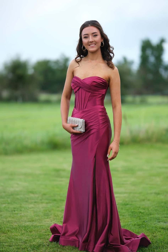 Burgundy Satin Ruched Fitted Long Dress