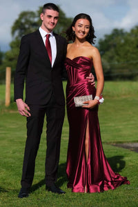 Burgundy Satin Ruched Fitted Long Dress