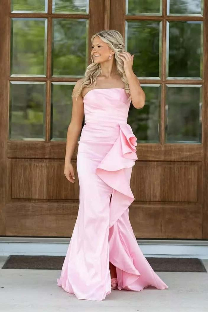 Pink Strapless Ruched Ruffle Dress