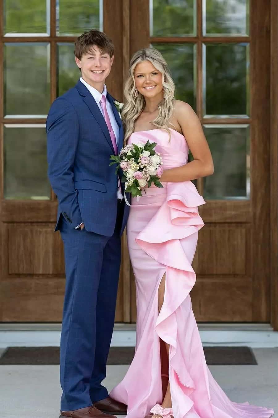 Pink Strapless Ruched Ruffle Dress