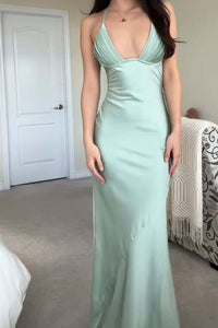 Sage Ruched V Neck Satin Fitted Dress