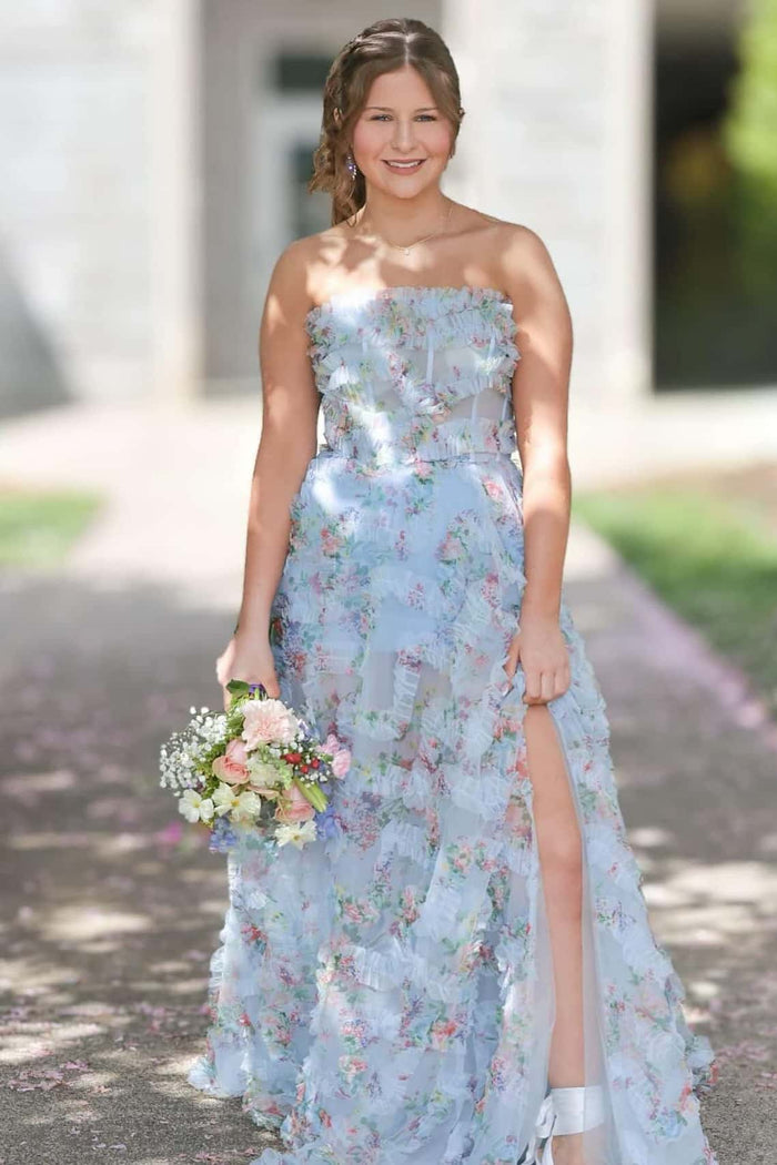 Blue Floral Ruffle A-line Long Dress