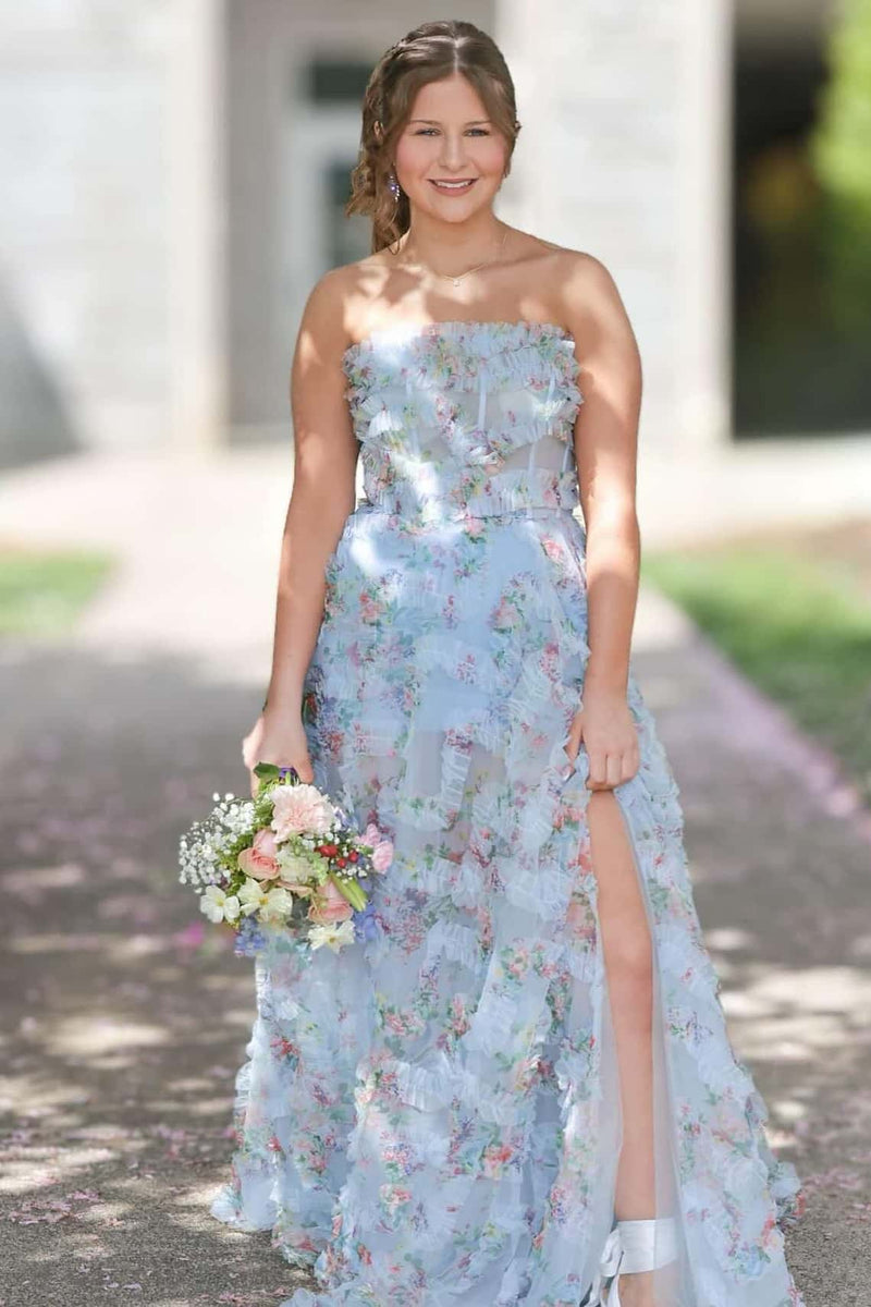 Blue Floral Ruffle A-line Long Dress