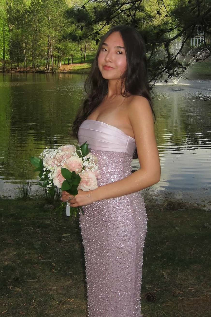 Purple Strapless Pearls Fitted Party Dress