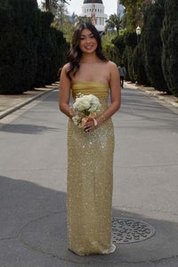 Gold Strapless Pearls Fitted Party Dress