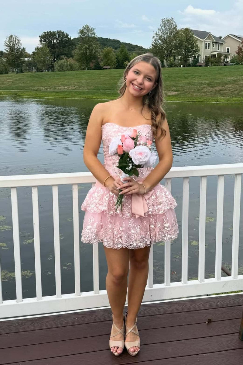 Strapless Pink Appliques Tiered Short Dress