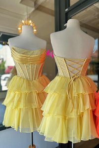 Beaded Yellow Corset A-line Short Ruffle Dress
