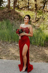 Strapless Beaded Red Sequin Fitted Long Formal Dress