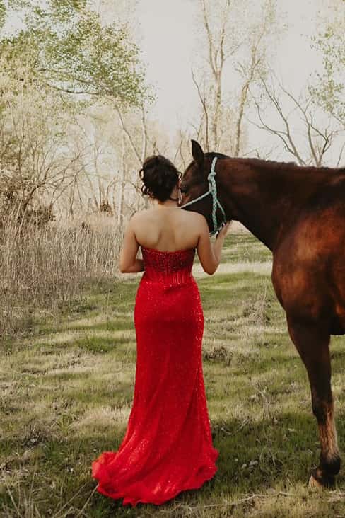 Strapless Beaded Red Sequin Fitted Long Formal Dress