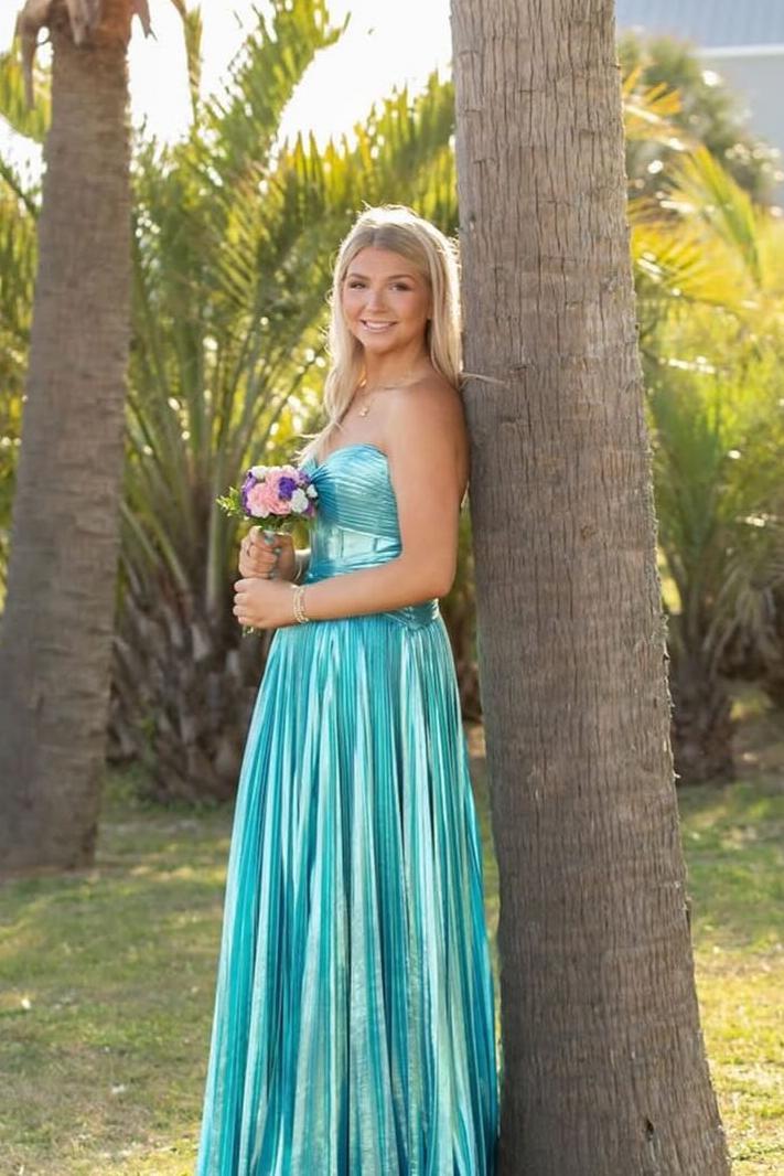Strapless Blue Metallic Pleated Keyhole Long Dress