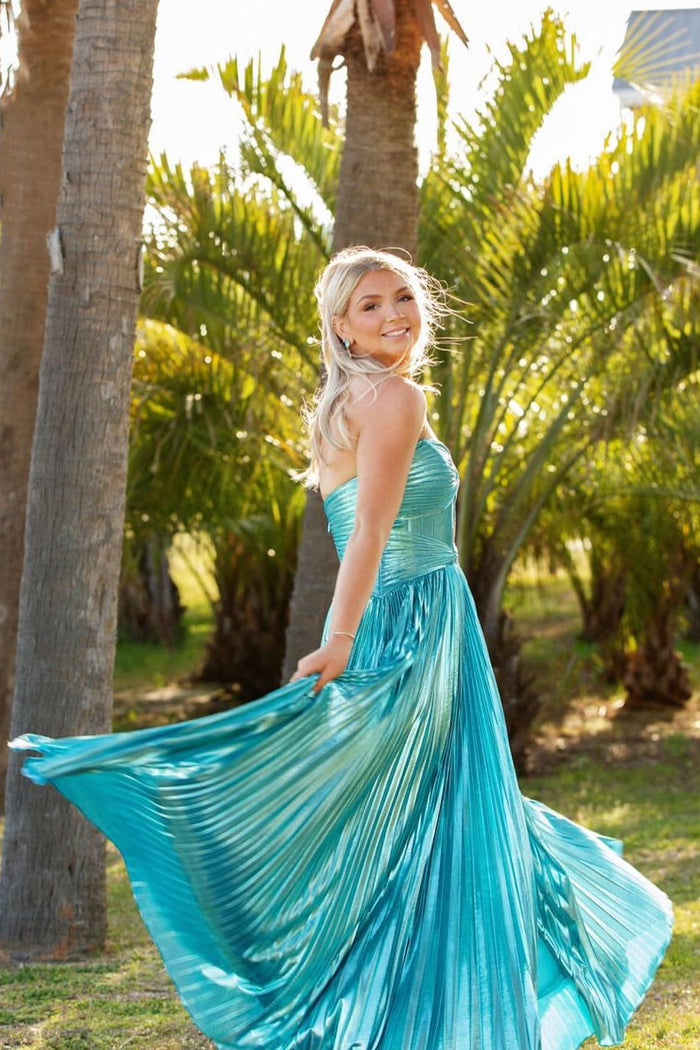 Strapless Blue Metallic Pleated Keyhole Long Dress
