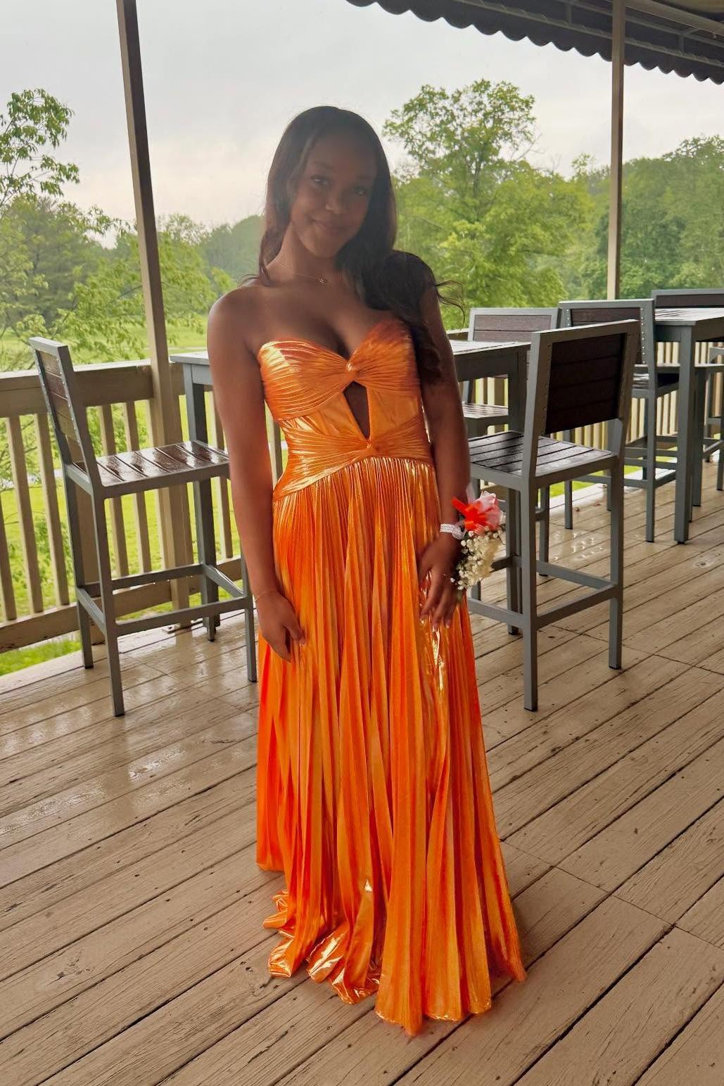 Strapless Blue Metallic Pleated Keyhole Long Dress