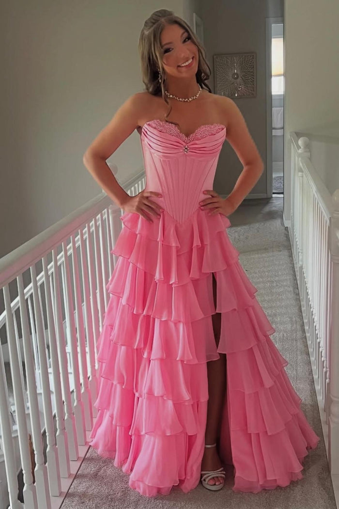 Sweetheart Pink Ruched Corset Ruffle Long Dress