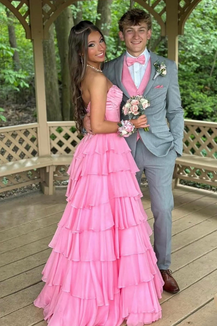 Sweetheart Pink Ruched Corset Ruffle Long Dress